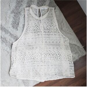 Elodie Cream Lace Sleeveless Top High Neck Crochet Boho Keyhole Back Large